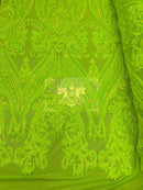 Big Damask Sequins - Lime Green - Damask Sequin Design on 4 Way Stretch Fabric By Yard