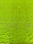 4 Way Stretch Fabric Design - Lime Green - Fancy Net Sequins Design Fabric By Yard