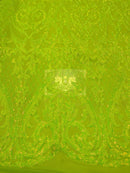Heart Shape Sequins Fabric - Lime Green - 4 Way Stretch Sequins Damask Fabric By Yard