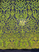Damask Fancy Pattern Fabric - Lime Green on Black - 4 Way Stretch Sequins Prom Design By Yard