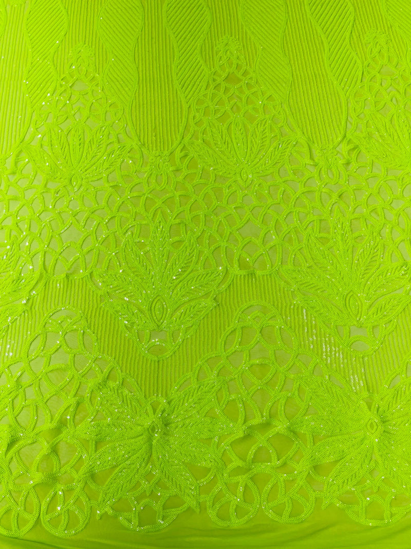 Floral Star Leaf Design - Lime Green - 4 Way Stretch Sequin Floral Design on Mesh By Yard