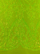 Heart Shape Sequins Fabric - Lime Green - 4 Way Stretch Sequins Damask Fabric By Yard