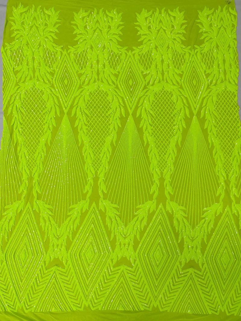 Triangle Pattern Sequins - Lime Green - 4 Way Stretch Fabric Sequins Geometric Design  By Yard