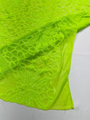 Floral Star Leaf Design - Lime Green - 4 Way Stretch Sequin Floral Design on Mesh By Yard