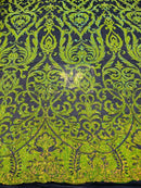 Damask Fancy Pattern Fabric - Lime Green on Black - 4 Way Stretch Sequins Prom Design By Yard