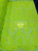 Heart Shape Sequins Fabric - Lime Green - 4 Way Stretch Sequins Damask Fabric By Yard