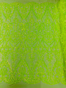 Heart Shape Sequins Fabric - Lime Green - 4 Way Stretch Sequins Damask Fabric By Yard