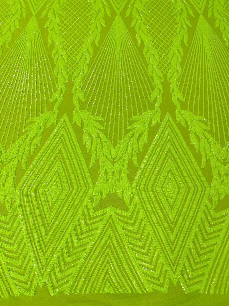 Triangle Pattern Sequins - Lime Green - 4 Way Stretch Fabric Sequins Geometric Design  By Yard