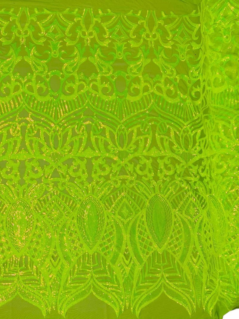 Iridescent Sequin Fabric - Iridescent Lime Green - 4 Way Stretch Royalty Lace Sequin By Yard