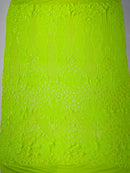 Floral Star Leaf Design - Lime Green - 4 Way Stretch Sequin Floral Design on Mesh By Yard