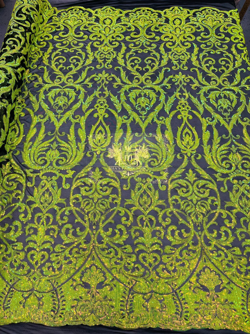Damask Fancy Pattern Fabric - Lime Green on Black - 4 Way Stretch Sequins Prom Design By Yard