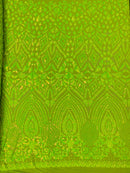 Geometric Design Fabric - Lime Green - 4 Way Stretch Embroidered Design Sequins Fabric By Yard