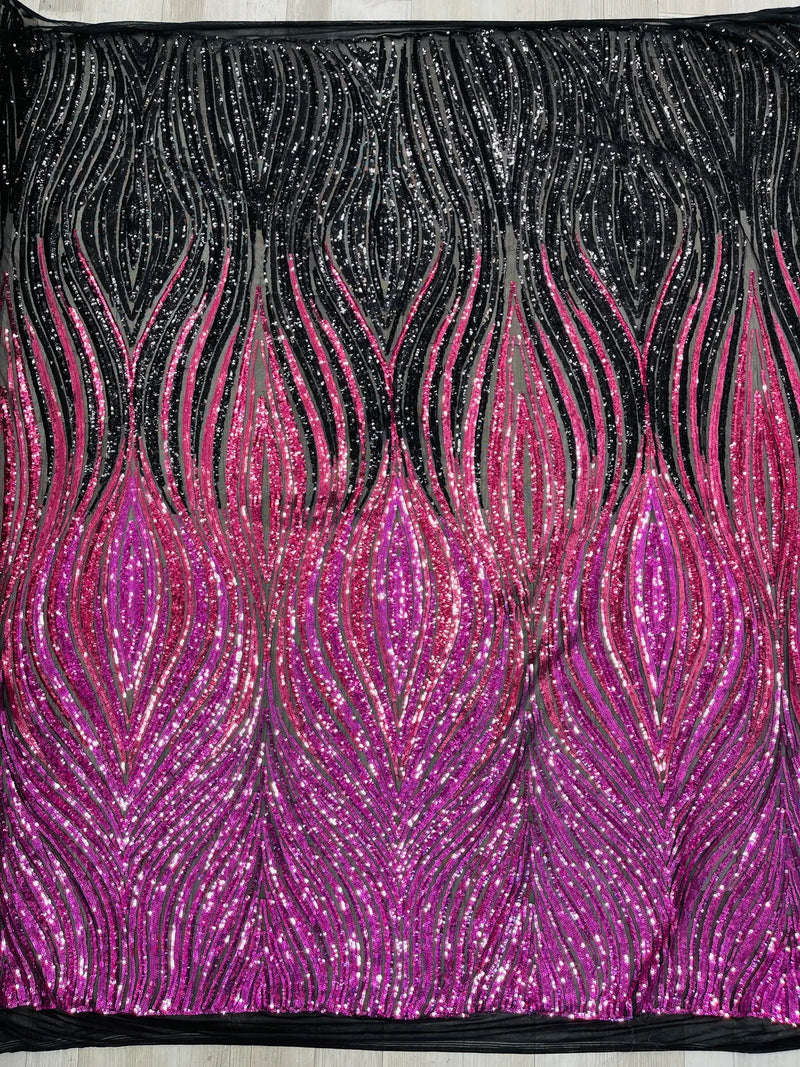 Three Tone Feather Fabric - Magenta/Black - 4 Way Stretch Embroidered Sequins By Yard