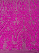 Big Damask Sequins - Magenta - Damask Sequin Design on 4 Way Stretch Fabric By Yard