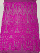Big Damask Sequins - Magenta - Damask Sequin Design on 4 Way Stretch Fabric By Yard