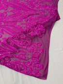 Big Damask Sequins - Magenta - Damask Sequin Design on 4 Way Stretch Fabric By Yard