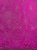 Long Wavy Line Design Sequins - Magenta Iridescent - 4 Way Stretch Sequin Design on Mesh Fabric By Yard