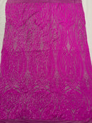 Long Wavy Line Design Sequins - Magenta Iridescent - 4 Way Stretch Sequin Design on Mesh Fabric By Yard