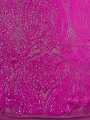 Long Wavy Line Design Sequins - Magenta Iridescent - 4 Way Stretch Sequin Design on Mesh Fabric By Yard