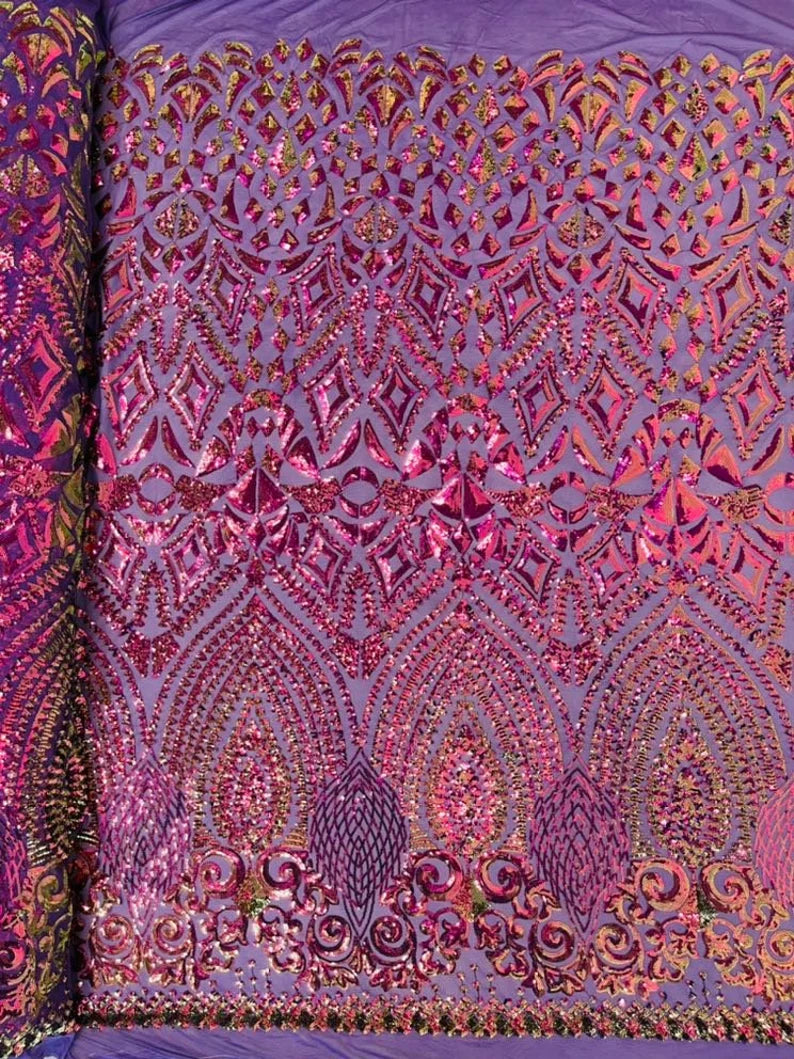 Magenta Purple Gold Sequin Geometric Design, 4 Way Stretch Sequin Fabric On Spandex Mesh-Prom-Gown By The Yard