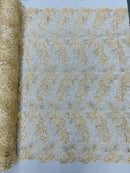 Plant Cluster Design Fabric - Metallic Beige - Embroidered High Quality Lace Fabric by Yard