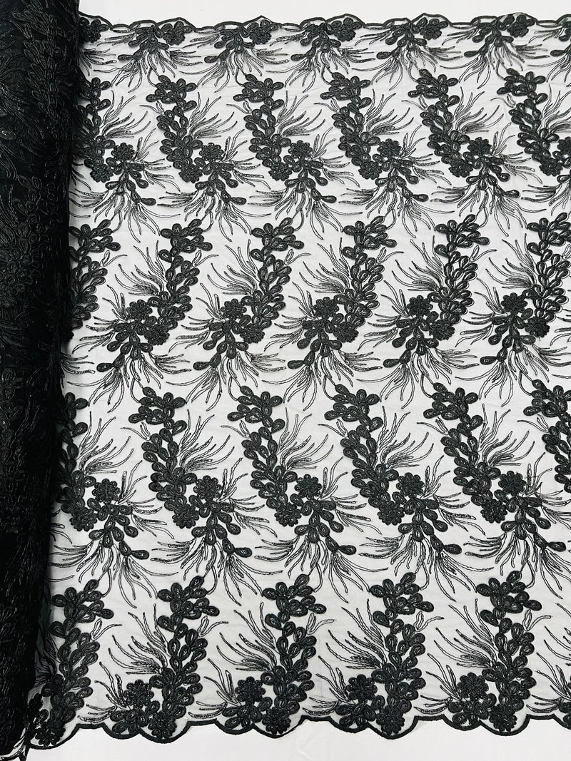 Plant Cluster Design Fabric - Metallic Black - Embroidered High Quality Lace Fabric by Yard