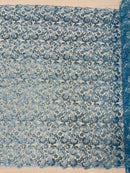 Metallic Flower Design - Blue - Corded Floral Pattern Sequins Fabric Sold By Yard