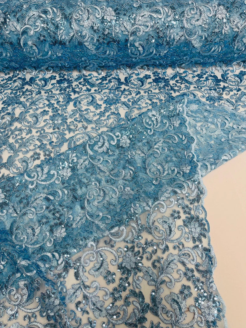 Metallic Flower Design - Blue - Corded Floral Pattern Sequins Fabric Sold By Yard
