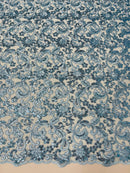 Metallic Flower Design - Blue - Corded Floral Pattern Sequins Fabric Sold By Yard