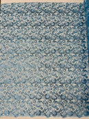 Metallic Flower Design - Blue - Corded Floral Pattern Sequins Fabric Sold By Yard