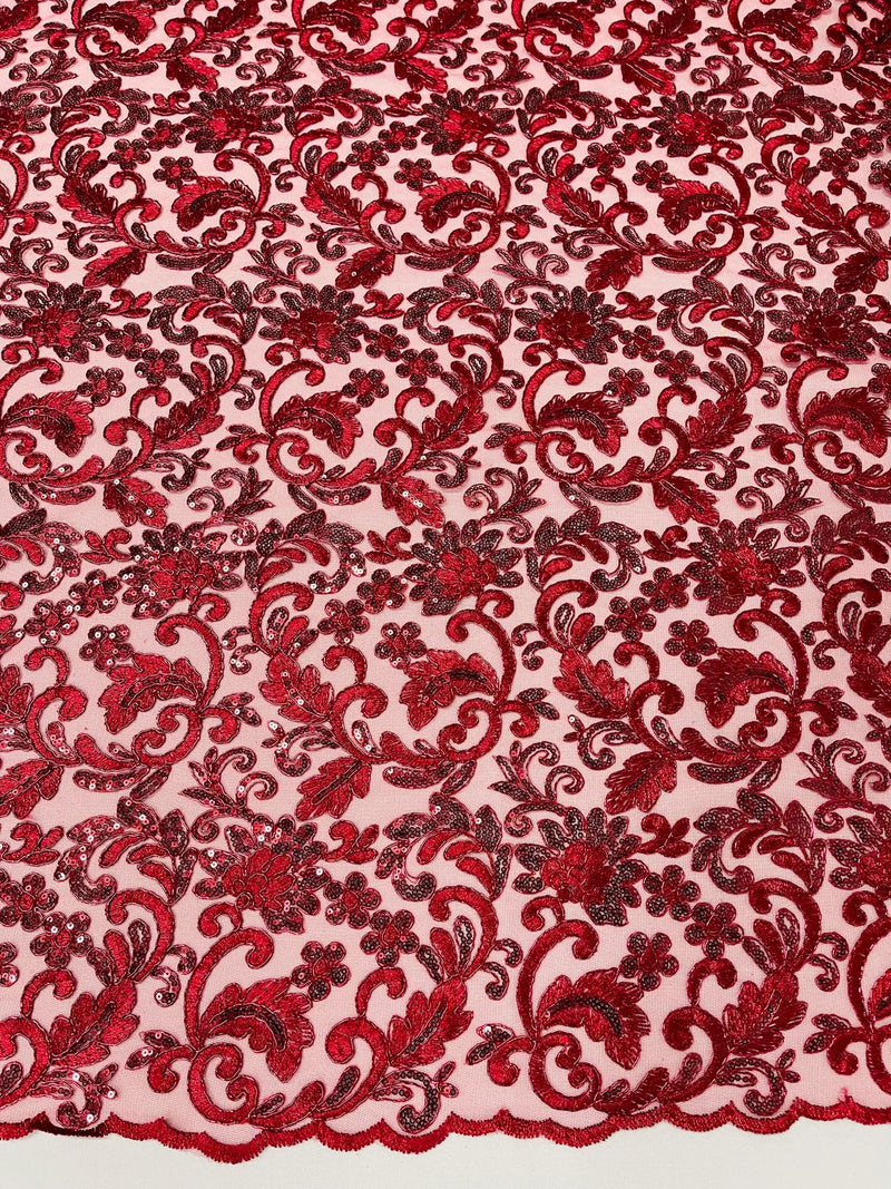 Metallic Flower Design - Burgundy - Corded Floral Pattern Sequins Fabric Sold By Yard
