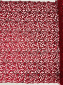 Metallic Flower Design - Burgundy - Corded Floral Pattern Sequins Fabric Sold By Yard