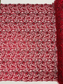 Metallic Flower Design - Burgundy - Corded Floral Pattern Sequins Fabric Sold By Yard
