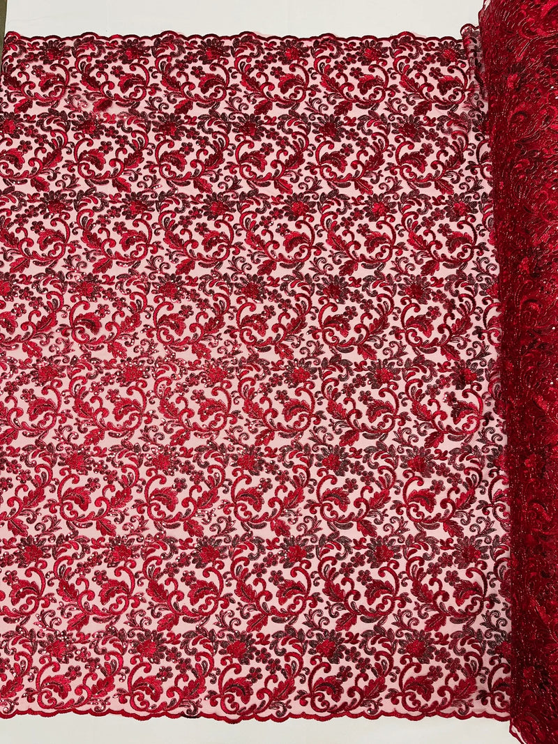 Metallic Flower Design - Burgundy - Corded Floral Pattern Sequins Fabric Sold By Yard
