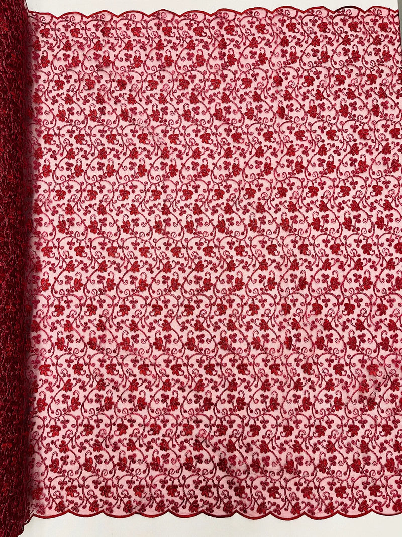 Metallic Corded Lace Fabric - Metallic Burgundy - Flower Design Embroidered on Mesh Lace Fabric By Yard