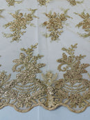 Plant Cluster Sequins Design - Metallic Champagne  - Flower Sequins Embroidered Design on Tulle Sold By Yard