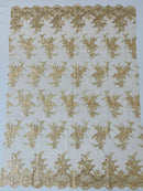 Plant Cluster Sequins Design - Metallic Champagne  - Flower Sequins Embroidered Design on Tulle Sold By Yard