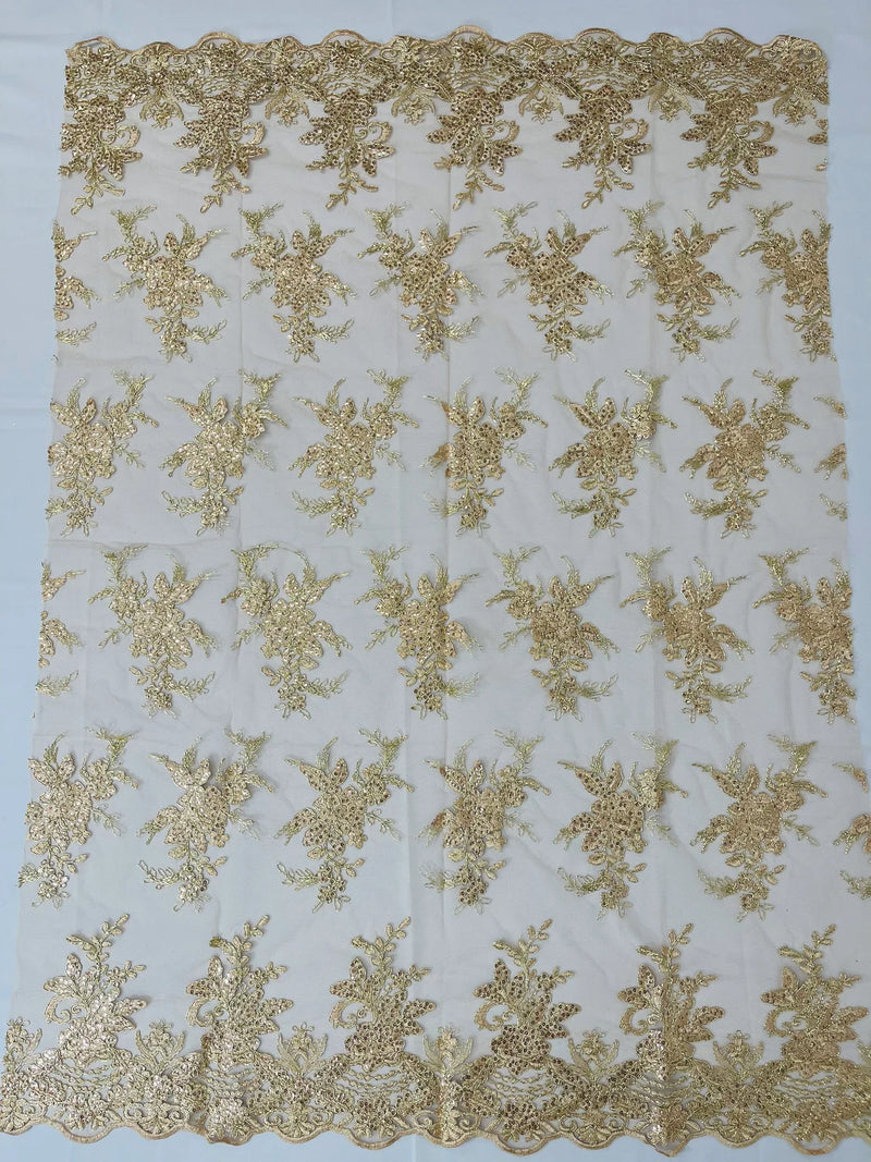 Plant Cluster Sequins Design - Metallic Champagne  - Flower Sequins Embroidered Design on Tulle Sold By Yard
