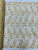 Plant Cluster Design Fabric - Metallic Champagne - Embroidered High Quality Lace Fabric by Yard