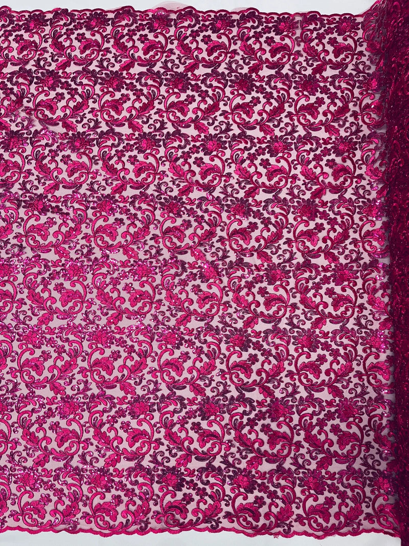 Metallic Flower Design - Fuchsia - Corded Floral Pattern Sequins Fabric Sold By Yard