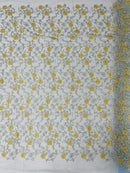 Metallic Floral Sequins Design - Metallic Gold Flowers With Blue Leaves Embroidered on Blue Tulle Sold By Yard