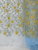 Metallic Floral Sequins Design - Metallic Gold Flowers With Blue Leaves Embroidered on Blue Tulle Sold By Yard