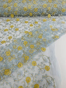 Metallic Floral Sequins Design - Metallic Gold Flowers With Blue Leaves Embroidered on Blue Tulle Sold By Yard