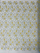 Metallic Floral Sequins Design - Metallic Gold Flowers With Blue Leaves Embroidered on Blue Tulle Sold By Yard