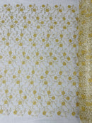 Metallic Floral Sequins Design - Metallic Gold Flowers With Ivory Leaves Embroidered on Ivory Tulle Sold By Yard