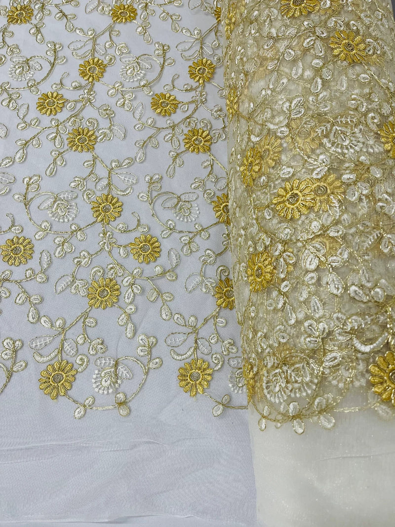 Metallic Floral Sequins Design - Metallic Gold Flowers With Ivory Leaves Embroidered on Ivory Tulle Sold By Yard