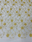 Metallic Floral Sequins Design - Metallic Gold Flowers With Ivory Leaves Embroidered on Ivory Tulle Sold By Yard