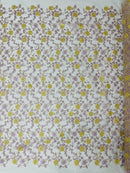 Metallic Floral Sequins Design - Metallic Gold Flowers With Green Leaves Embroidered on White Tulle Sold By Yard