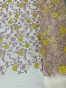 Metallic Floral Sequins Design - Metallic Gold Flowers With Lilac Leaves Embroidered on White Tulle Sold By Yard