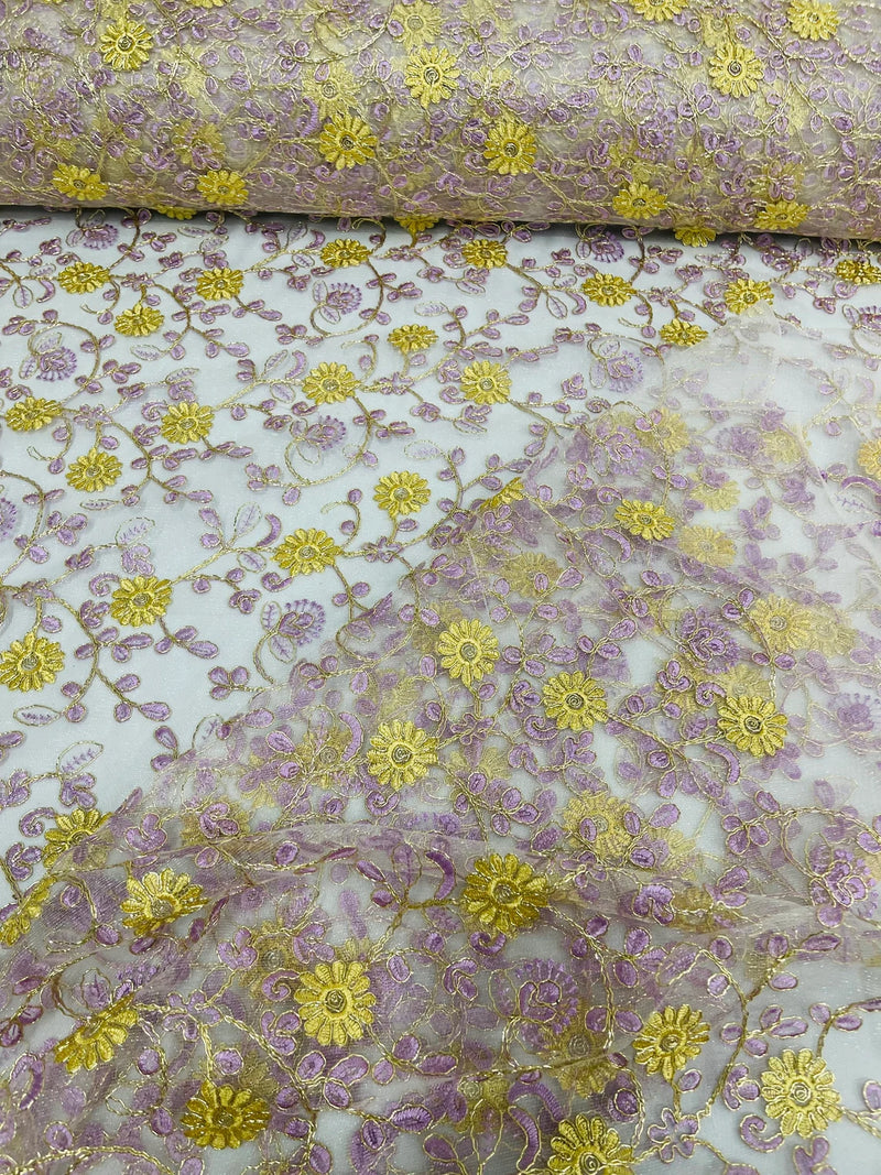 Metallic Floral Sequins Design - Metallic Gold Flowers With Lilac Leaves Embroidered on White Tulle Sold By Yard